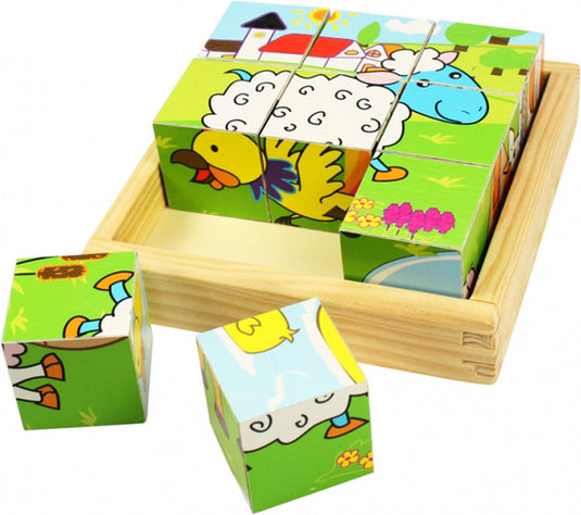 Bigjigs blokpuzzel boerderij - - compact formaat - puzzel dieren