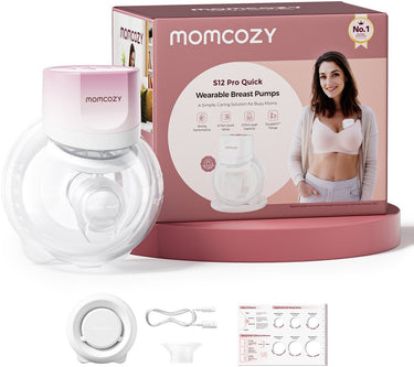 Momcozy s12pro quick handsfree borstkolf - 1 stuk - extra stil en compact - elektrisch - oplaadbaar - roze wit - s12pro+