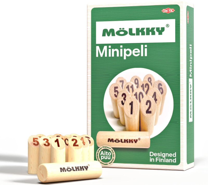 Load image into Gallery viewer, Tactic mölkky mini – vang- en werpspel - origineel fins houten werpspel in mini formaat – duurzaam berkenhout – met gratis score-app
