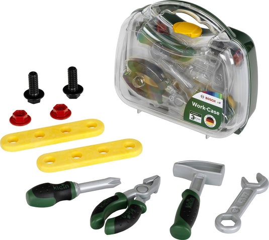 Klein toys - bosch mini speelgoed gereedschapskoffer i robuuste koffer met transparante voorkant i incl. gereedschap, schroeven en latten