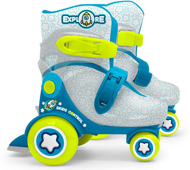 Stamp rolschaatsen „explore“ blauw groen met doorzichtige schaal, maten 23-26