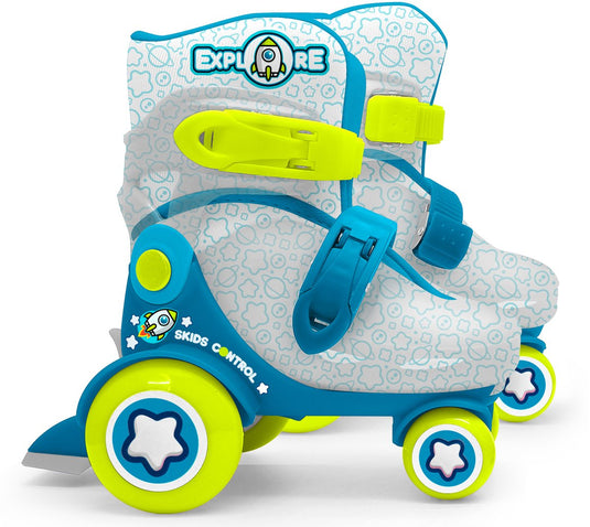 Stamp rolschaatsen „explore“ blauw groen met doorzichtige schaal, maten 23-26