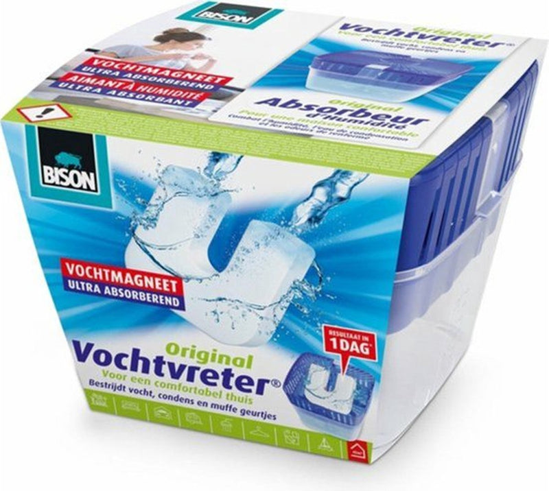 Afbeelding laden in galerijviewer, Bison vochtvreter® original, luchtontvochtiger, bestrijdt vocht en schimmel in woonruimtes, uniek luchtcirculatiesysteem, 450 g, wit, ook geschikt voor caravans en campers
