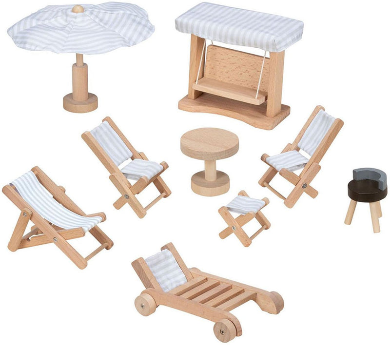 Load image into Gallery viewer, Goki poppenhuismeubeltjes: tuinmeubelen, 9-delig, schommel h10,5cm, hout en tekstiel, 3+
