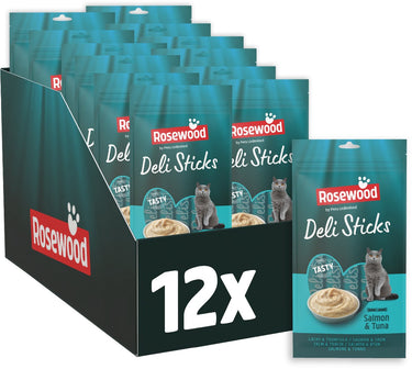 Rosewood deli sticks zalm tonijn - mousse kattensnack - zacht rijk aan vitamines - zonder toegevoegd zout of suiker - 12 zakjes met 5 sticks à 15g