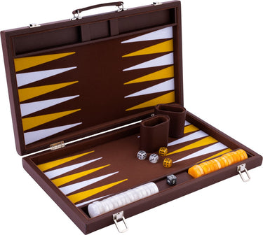 Longfield backgammon 15 inch - bruin, geel wit ingelegd bord - luxe bruine koffer met handvat - engelhart