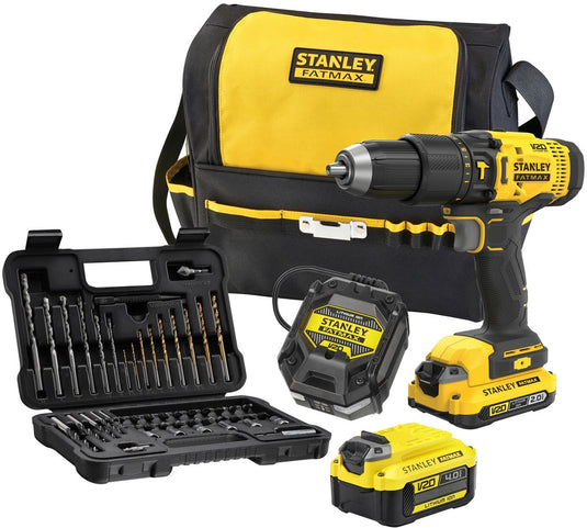 Stanley fatmax v20 18v brushless schroef- klopboormachine + rolmeter, waterpas en bitset in koffer (met 2x 2.0ah accu en lader) sfmck101d2t-qw