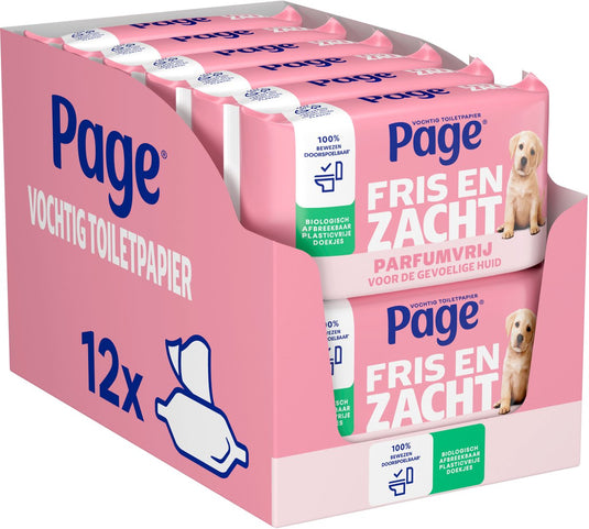 Page ® vochtig toiletpapier - fris en zacht (sensitive) - parfumvrij - 456 velletjes - 12 x 38 stuks - voordeelverpakking