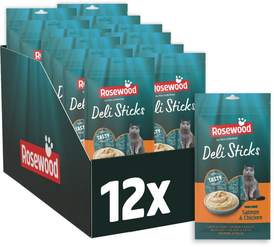 Rosewood deli sticks zalm kip - mousse kattensnack - zacht rijk aan vitamines - zonder toegevoegd zout of suiker - 12 zakjes met 5 sticks à 15g