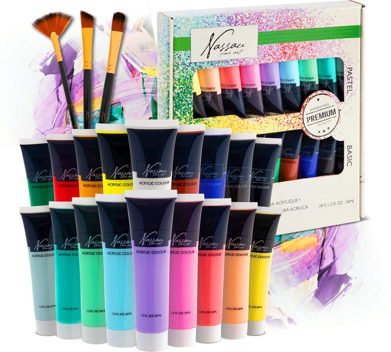 Load image into Gallery viewer, Nassau fine art hobbyverf acrylverf set 18pcs - 36ml verf tubes - acrylverf kinderen en volwassenen - 9 pastel 9 basis kleuren - verf kinderen knutselen - kinder verf set
