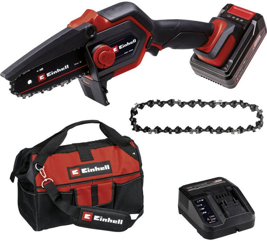 Einhell accu mini kettingzaag ge-ps 18 15 li bag kit - power x-change - 18 v li-ion - koolborstelloze motor - zwaardlengte: 20 cm - max. zaaglengte: 14 cm - kettingsnelheid: 4,8 m s - incl. 1x 2.5 ah accu, lader en tas