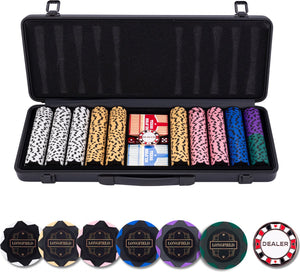 Longfield pokerset 500 chips 14 gram - zwarte aluminium koffer - speelkaarten - dealer button - dobbelstenen - engelhart