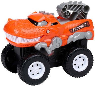 Eddy toys dino auto - dino auto met licht en geluid - dinosaurus auto met grote wielen - werkt op 3x aa batterijen - oranje zwart grijs