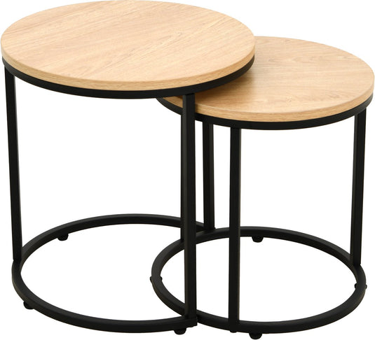 Mano leisure bijzettafelset 2-delig – rond – eikenpatroon zwart metaal – nesting tafels – ø40 en ø35 cm