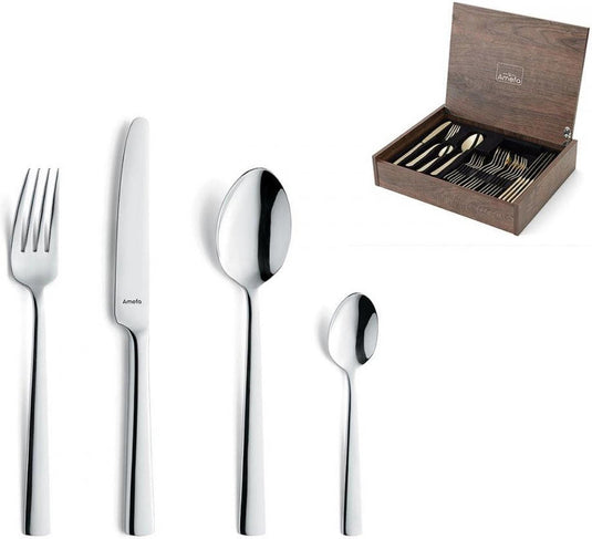 Amefa moderno - bestekset met houten kist - 24 delig voor 6 personen - zilver - rvs - vaatwasmachinebestendig