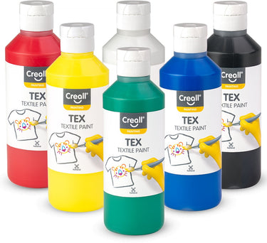 Creall tex - textiel- stoffenverf - assortiment set met 6 kleuren - 6 x 250ml - machine wasbaar na fixatie - voor t-shirts, jeans, schoenen, stoffen tassen, meubels en auto-interieurs hemelbekleding - gemaakt in nl - glutenvrij