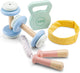 Woet ® houten fitness set voor kinderen - speelgoedset met 5 onderdelen - inclusief gewichten, springtouw en haarband - fsc - rollenspel sport - vanaf 3 jaar
