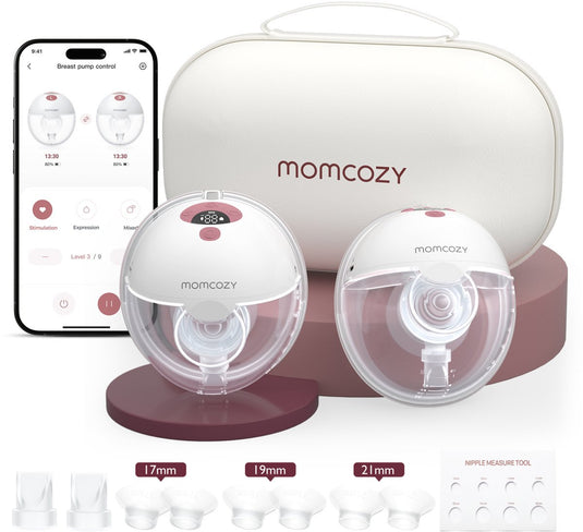 Momcozy m5 smart – handsfree borstkolf – 2 stuks – elektrisch – stil compact – met borstschild inserts - wit rood
