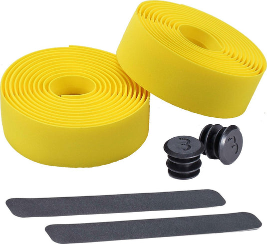 Bbb cycling stuurlint racefiets - zelfklevend stuurtape met stretch materiaal - antislip - lengte: 200cm - dikte: 2mm - inclusief stuurdoppen - geel - raceribbon bht-01
