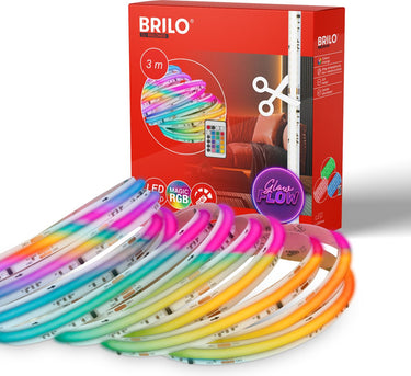 Briloner - cob led strip 3m - 2322480 - rgb ic dynamische kleurverandering - afstandsbediening - zelfklevend - dimbaar - regenboog effect - 3m - wit