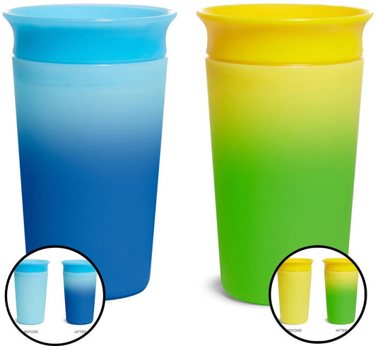 Munchkin miracle anti-lek 360° drinkbeker - 2pk sippy cup - veranderd van kleur - warmtegevoelig - oefenbeker voor baby en kind - 266ml - 2 stuks - blauw geel