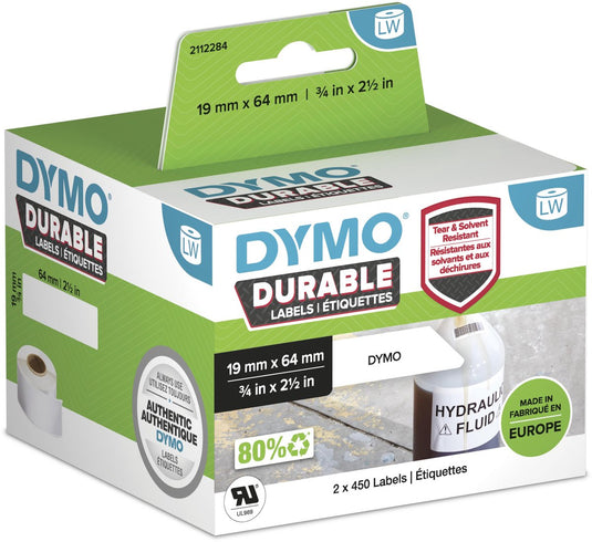 Dymo originele duurzame labelwriter labels | 19 mm x 64 mm | witte poly | 2 rollen met elk 450 labels (900 zelfklevende etiketten) | stevige labels voor de labelwriter labelprinters