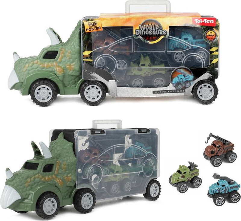 Load image into Gallery viewer, World of dinosaurs dinotruck met 3 pull-back auto's
