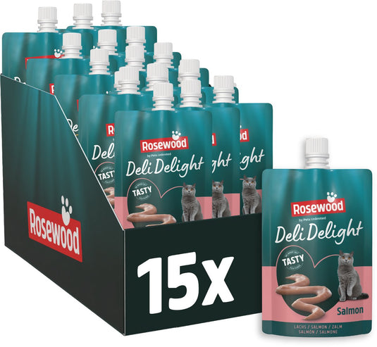 Rosewood deli delight zalm - kattensnack mousse - zachte puree met hoog vochtgehalte - zonder toegevoegd zout of suiker - 15 zakjes à 80g