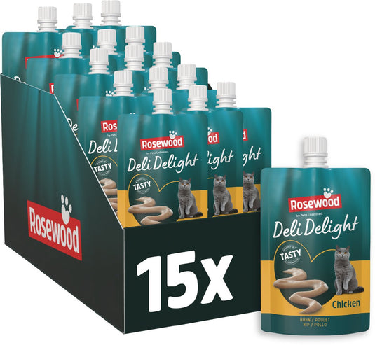 Rosewood deli delight kip - kattensnack mousse - zachte puree met hoog vochtgehalte - zonder toegevoegd zout of suiker - 15 zakjes à 80g