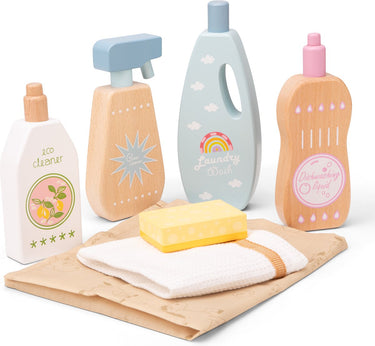 Woet ® houten speelgoed schoonmaakmiddelen set - 7-delig schoonmaakset met flessen doekjes - fsc - educatief rollenspel - vanaf 3 jaar