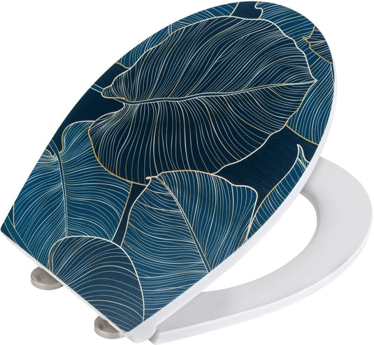 Wenko wc bril leaves - antibacterieel duroplast met structuurprint - easy-close softclose sluiting - fix-clip bevestiging afklikbaar in rvs - toiletbril decor met structuur - toiletzitting met print