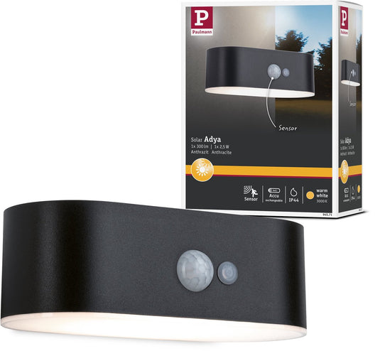 Paulmann solar led-wandarmatuur voor buiten adya bewegingsmelder ip44 3000k 200lm zwart