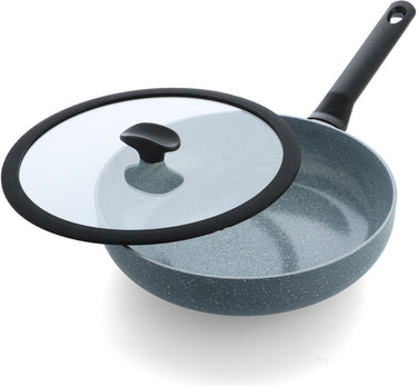 Bk blue label granite hapjespan 28cm met deksel – 2.9l – pfas-vrije antikleeflaag – hapjespan inductie - keramische pan - ovenbestendig tot 160°c – koudgrepen - met glazen deksel - blauw