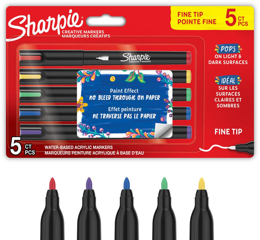 Sharpie creative marker acrylverf pennen | water-based verfmarkers | niet-doorlopende inkt schrijft op de meeste oppervlakken | fijne punt | knutsel- en kunstbenodigdheden | diverse kleuren | 5 stuks