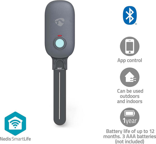 Nedis smartlife vochtmeter – bluetooth – ip55 – app-bediening – voor planten – wit