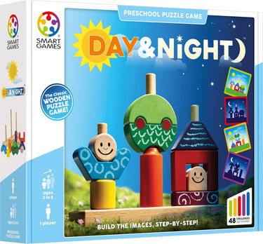 Smartgames day night - houten stapelspel vormenpuzzel - 48 educatieve opdrachten - solospel voor peuters kleuters - vanaf 1,5 jaar