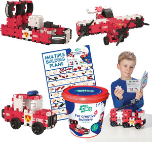 Clics brandweer 8-in-1 bouwblokken– duurzaam speelgoed gemaakt van gerecycleerde kunststof- bouwset 8 in 1 - speelgoed 4,5,6,7,8 jaar jongens en meisjes- educatief speelgoed- montessori speelgoed- constructie speelgoed