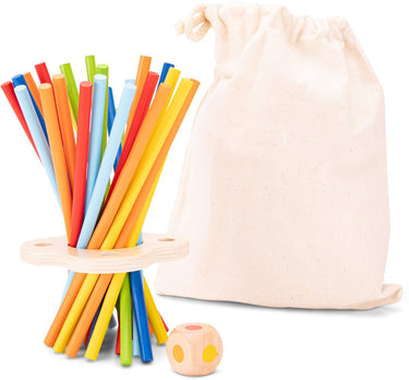 Woet ® houten stokjesspel - mikado spel - concentratie behendigheidsspel met dobbelsteen - speel alleen of samen - educatief spel met opbergzak - vanaf 3 jaar