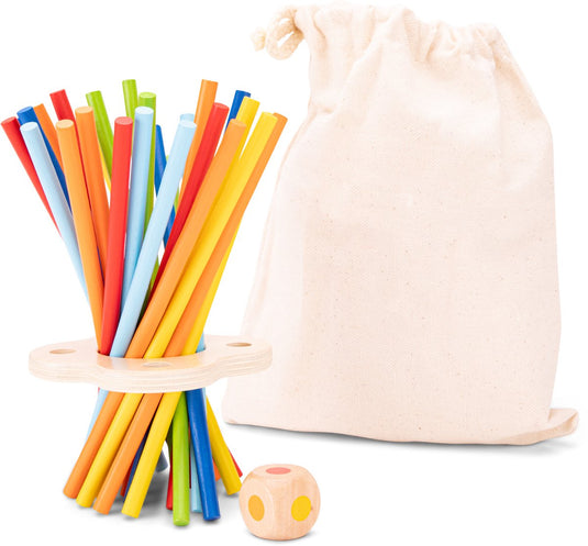 Woet ® houten stokjesspel - mikado spel - concentratie behendigheidsspel met dobbelsteen - speel alleen of samen - educatief spel met opbergzak - vanaf 3 jaar