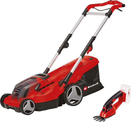 Einhell accu grasmaaier ge-cm 36 37 li + accu grasschaar ge-cg 18 1 li - power x-change 36 18 v li-ion - maaibreedte: 37 cm 10 cm - incl. 2x 3.0 ah accu en 2x laders