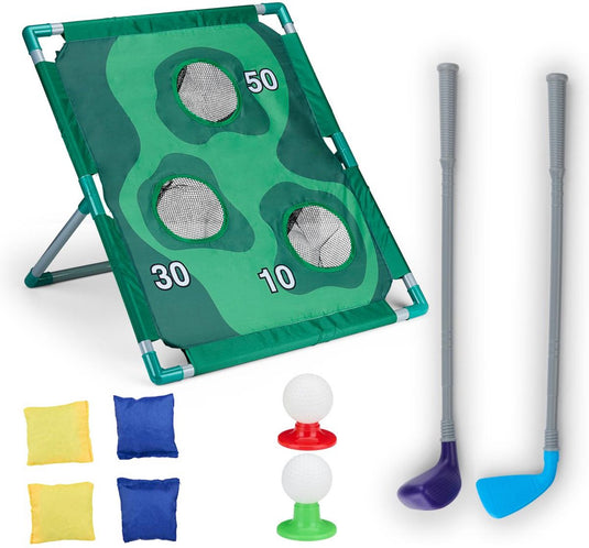 Eddy toys 2-in-1 golf en cornhole set - binnen- en buitenspeelgoed jongens en meisjes - met golfballen, pittenzakjes, golfclubs en speelbord - speelgoed werpspel en minigolf - kunststof - groen
