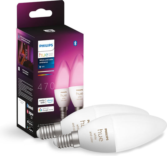 Philips hue kaarslamp lichtbron e14 duopack - wit en gekleurd licht - 5,2w - bluetooth - 2 stuks