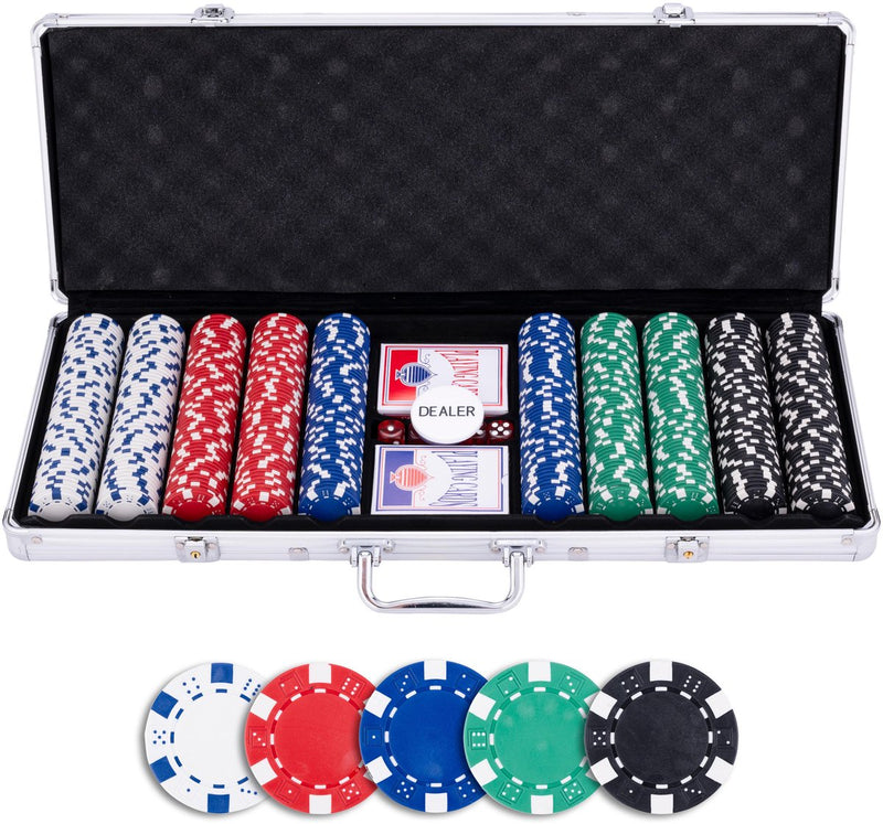 Load image into Gallery viewer, Longfield pokerset in zilveren koffer met 500 chips (11,5 g) – compleet met kaarten, dealer button dobbelstenen – engelhart
