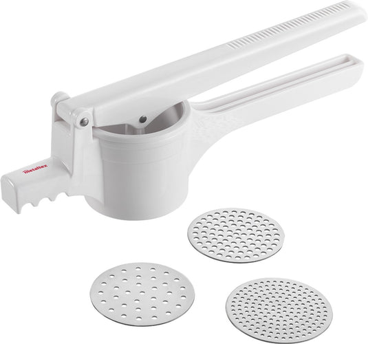 Metaltex - aardappelstamper - pureestamper - 3 verwisselbare rvs schijven - 36 cm - wit