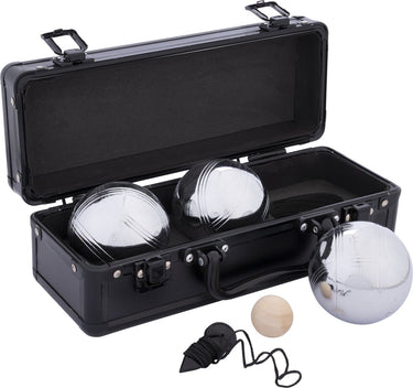 Engelhart metalen jeu de boules set – 3 ballen in zwarte aluminium koffer – pétanque set – metalen boules 74 mm 720 g – inclusief but – luxe draagkoffer –