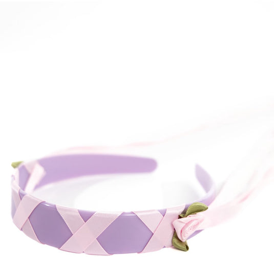 Little adventures - rapunzel hoofdband – lila satijnen diadeem met roze linten