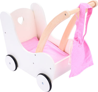 Engelhart poppen loopwagen roze wit – houten poppenwagen met matrasje, dekentje, kussentje opbergtas – geschikt voor alle poppen –