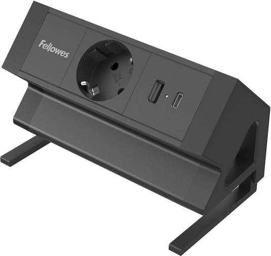 Fellowes ampra power desk – opbouw stroomvoorziening voor bureau – 1x stopcontact + usb‑a usb‑c – bureaubladklem 10–45 mm – 2m kabel – 5 jaar garantie