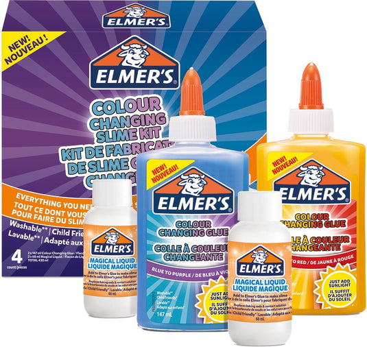 Elmer's kleurveranderende slijmkit | slijmmaterialen bevatten kleurveranderende lijm | slijmactivator met tovervloeistof | activeert met uv-licht | 4 stuks slime kit