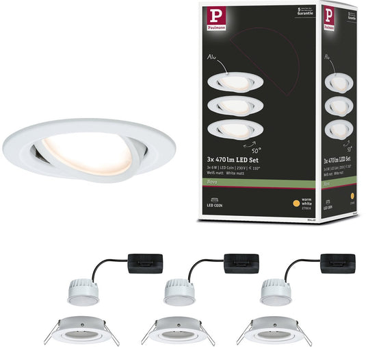 Paulmann led-inbouwlamp nova coin set van 3 zwenkbaar rond 84 mm 50° coin 3x6w 3x470lm 230v 2700k wit mat